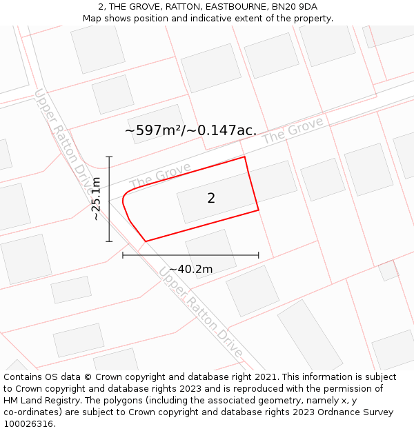 2, THE GROVE, RATTON, EASTBOURNE, BN20 9DA: Plot and title map