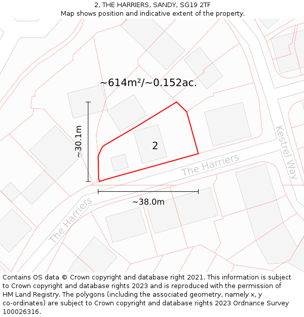 2, THE HARRIERS, SANDY, SG19 2TF: Plot and title map
