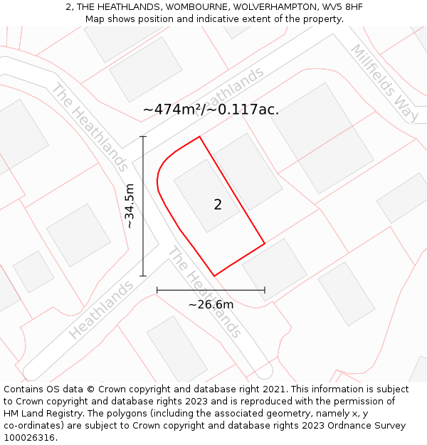 2, THE HEATHLANDS, WOMBOURNE, WOLVERHAMPTON, WV5 8HF: Plot and title map