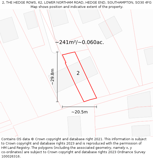 2, THE HEDGE ROWS, 62, LOWER NORTHAM ROAD, HEDGE END, SOUTHAMPTON, SO30 4FG: Plot and title map