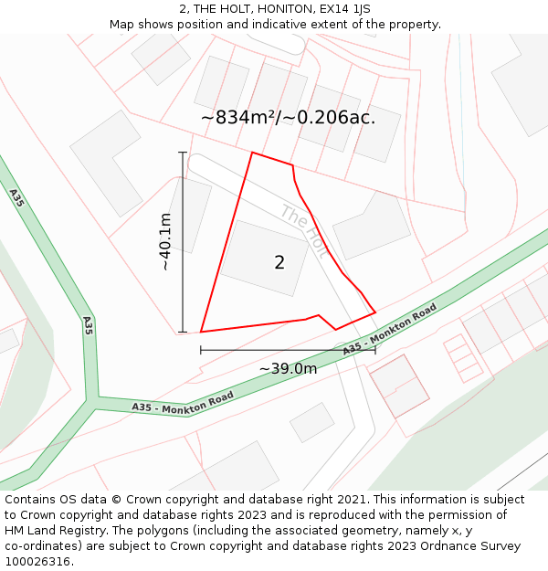 2, THE HOLT, HONITON, EX14 1JS: Plot and title map