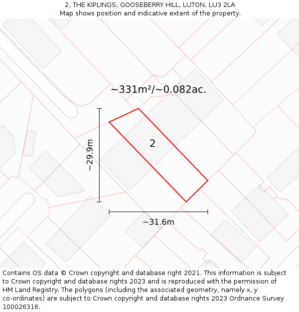 2, THE KIPLINGS, GOOSEBERRY HILL, LUTON, LU3 2LA: Plot and title map