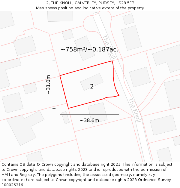 2, THE KNOLL, CALVERLEY, PUDSEY, LS28 5FB: Plot and title map