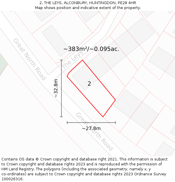 2, THE LEYS, ALCONBURY, HUNTINGDON, PE28 4HR: Plot and title map
