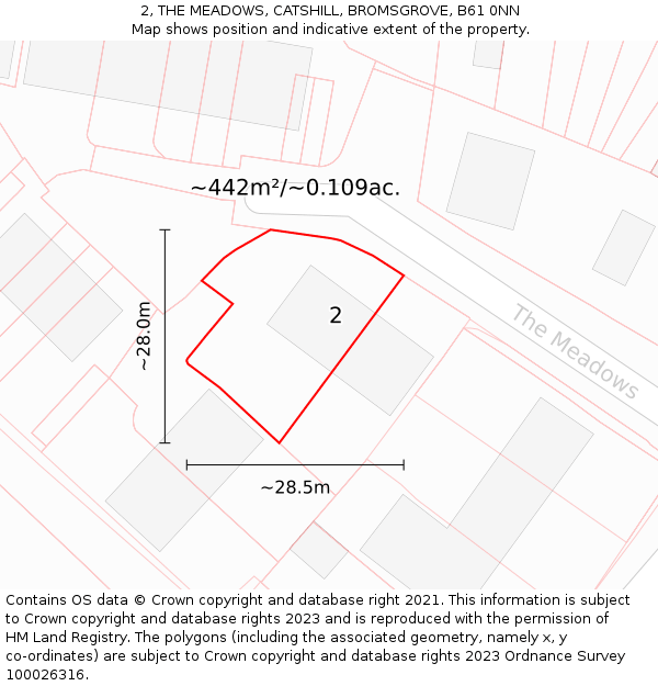 2, THE MEADOWS, CATSHILL, BROMSGROVE, B61 0NN: Plot and title map