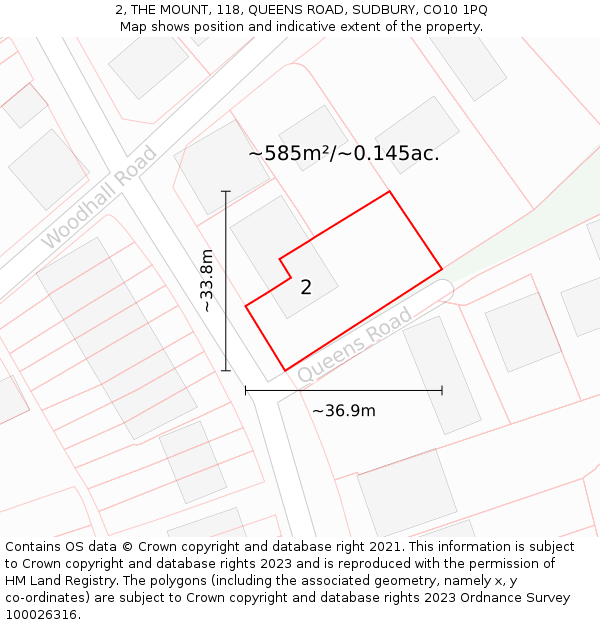 2, THE MOUNT, 118, QUEENS ROAD, SUDBURY, CO10 1PQ: Plot and title map