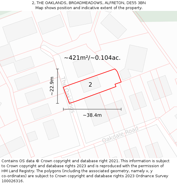 2, THE OAKLANDS, BROADMEADOWS, ALFRETON, DE55 3BN: Plot and title map