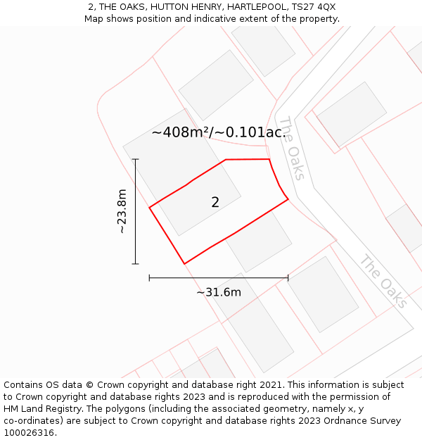 2, THE OAKS, HUTTON HENRY, HARTLEPOOL, TS27 4QX: Plot and title map