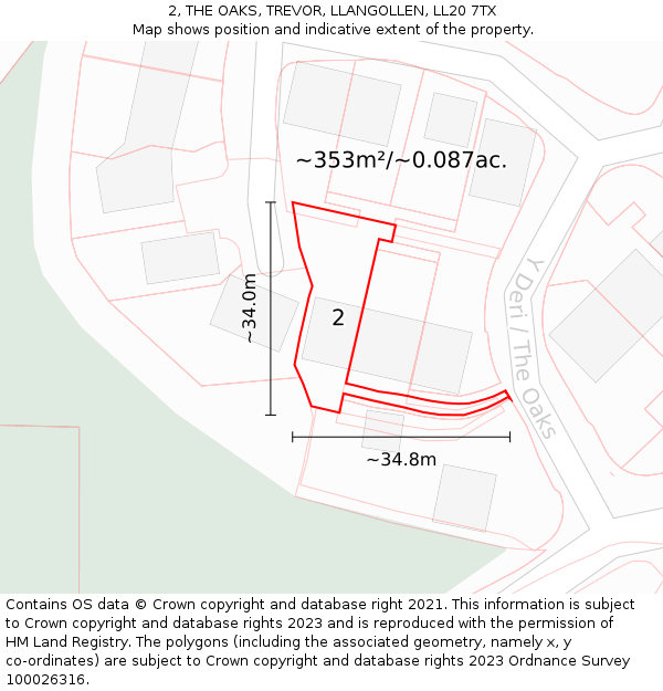 2, THE OAKS, TREVOR, LLANGOLLEN, LL20 7TX: Plot and title map