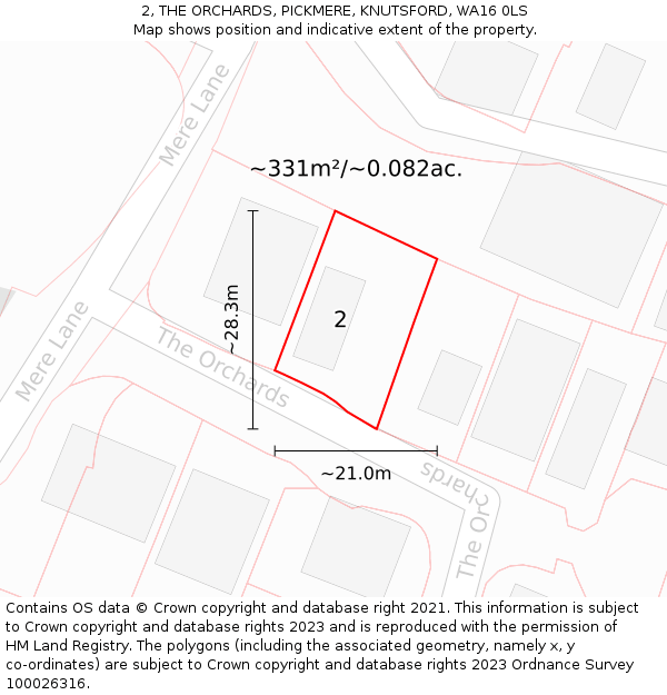 2, THE ORCHARDS, PICKMERE, KNUTSFORD, WA16 0LS: Plot and title map