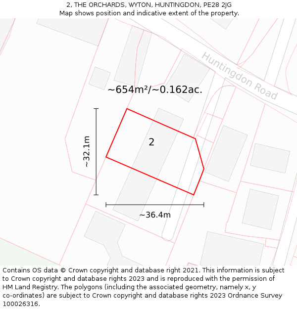 2, THE ORCHARDS, WYTON, HUNTINGDON, PE28 2JG: Plot and title map