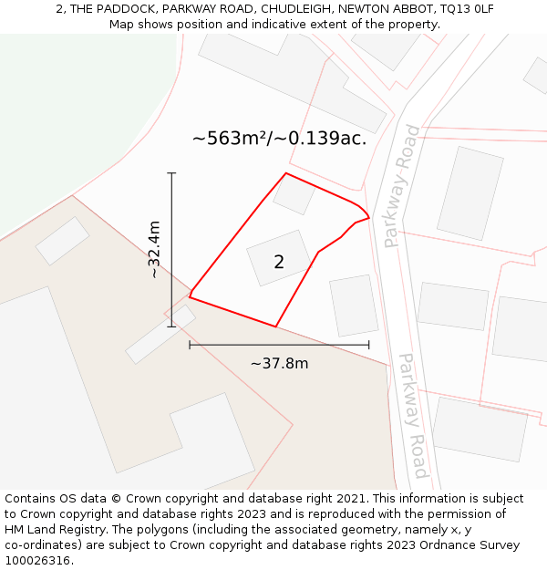 2, THE PADDOCK, PARKWAY ROAD, CHUDLEIGH, NEWTON ABBOT, TQ13 0LF: Plot and title map