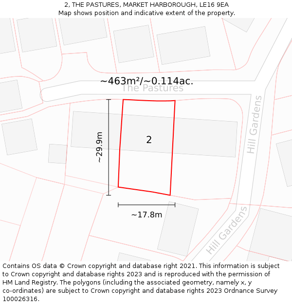 2, THE PASTURES, MARKET HARBOROUGH, LE16 9EA: Plot and title map