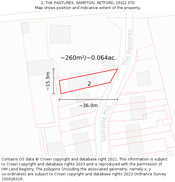 2, THE PASTURES, RAMPTON, RETFORD, DN22 0TD: Plot and title map