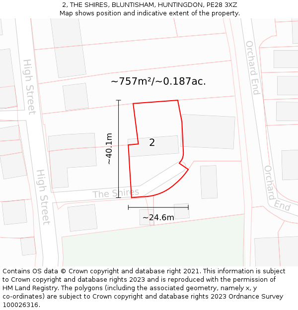 2, THE SHIRES, BLUNTISHAM, HUNTINGDON, PE28 3XZ: Plot and title map