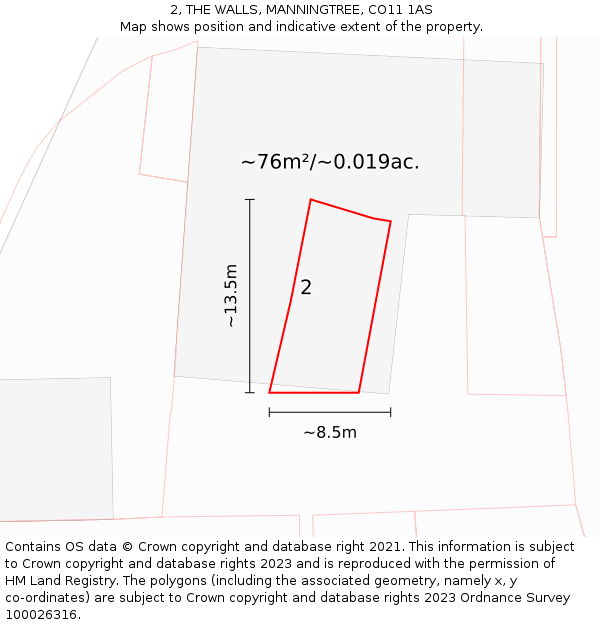 2, THE WALLS, MANNINGTREE, CO11 1AS: Plot and title map