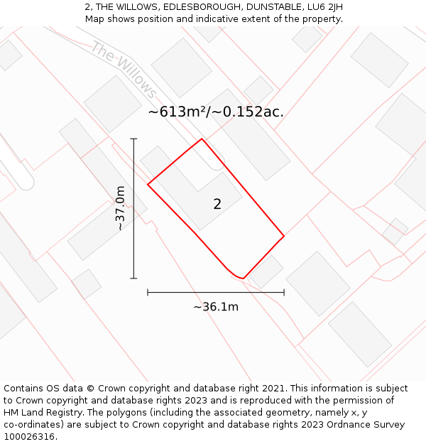 2, THE WILLOWS, EDLESBOROUGH, DUNSTABLE, LU6 2JH: Plot and title map
