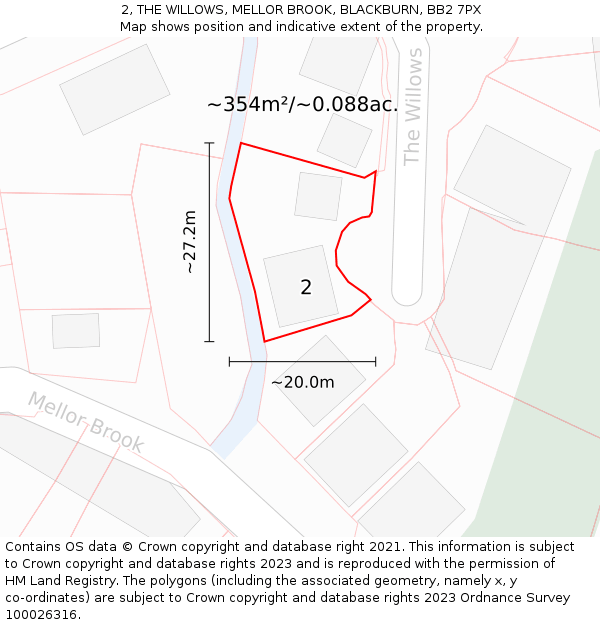 2, THE WILLOWS, MELLOR BROOK, BLACKBURN, BB2 7PX: Plot and title map