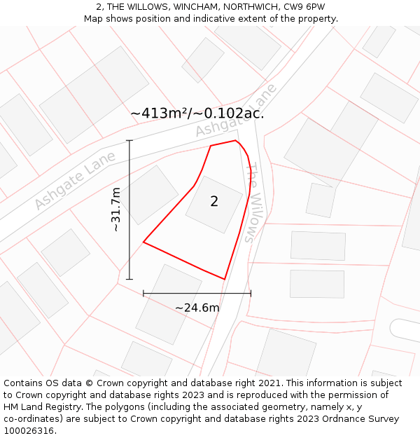 2, THE WILLOWS, WINCHAM, NORTHWICH, CW9 6PW: Plot and title map