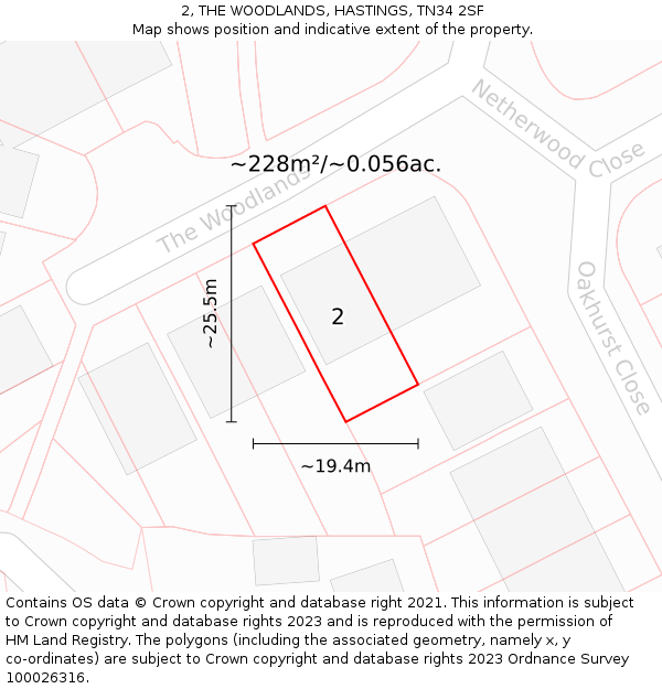 2, THE WOODLANDS, HASTINGS, TN34 2SF: Plot and title map
