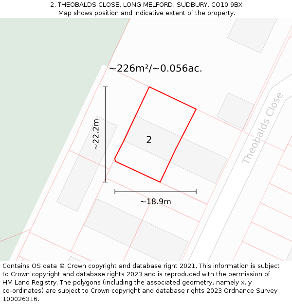 2, THEOBALDS CLOSE, LONG MELFORD, SUDBURY, CO10 9BX: Plot and title map