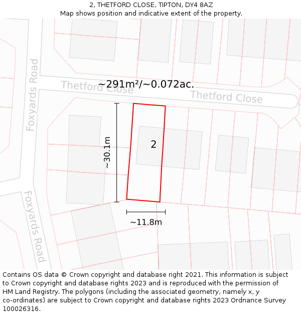 2, THETFORD CLOSE, TIPTON, DY4 8AZ: Plot and title map