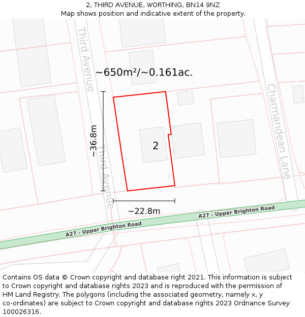 2, THIRD AVENUE, WORTHING, BN14 9NZ: Plot and title map
