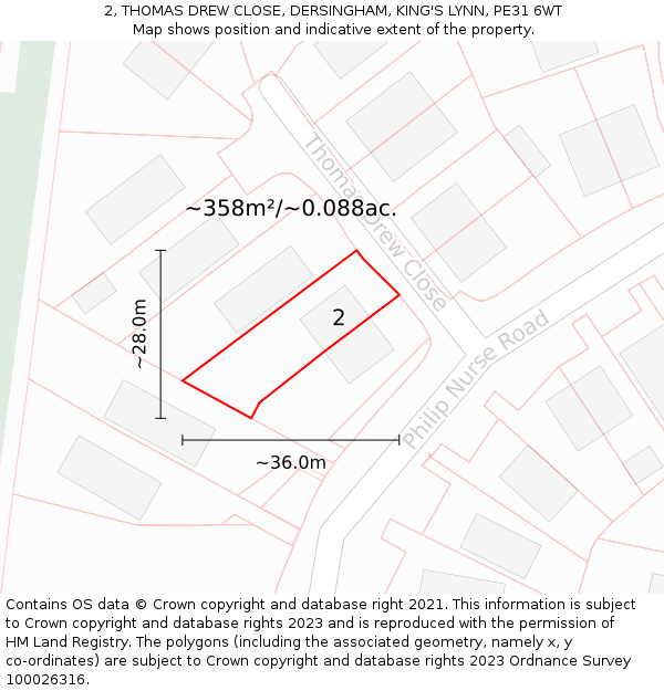 2, THOMAS DREW CLOSE, DERSINGHAM, KING'S LYNN, PE31 6WT: Plot and title map