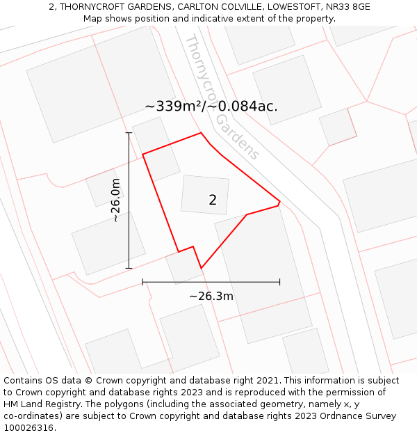 2, THORNYCROFT GARDENS, CARLTON COLVILLE, LOWESTOFT, NR33 8GE: Plot and title map