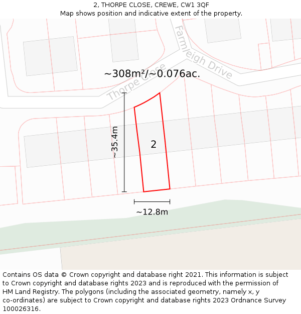 2, THORPE CLOSE, CREWE, CW1 3QF: Plot and title map