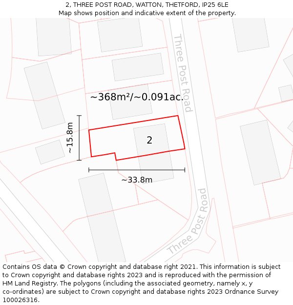 2, THREE POST ROAD, WATTON, THETFORD, IP25 6LE: Plot and title map