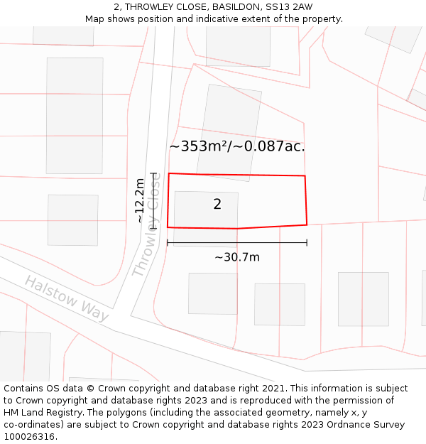 2, THROWLEY CLOSE, BASILDON, SS13 2AW: Plot and title map