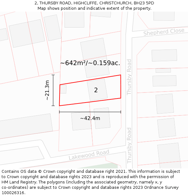 2, THURSBY ROAD, HIGHCLIFFE, CHRISTCHURCH, BH23 5PD: Plot and title map