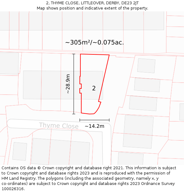 2, THYME CLOSE, LITTLEOVER, DERBY, DE23 2JT: Plot and title map