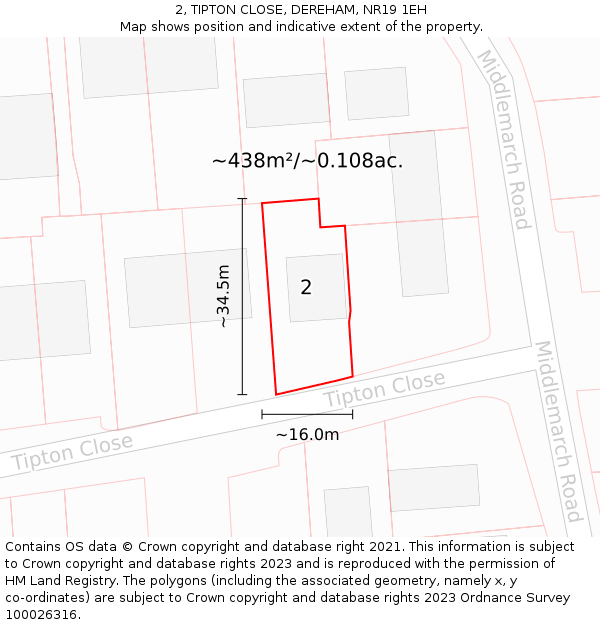 2, TIPTON CLOSE, DEREHAM, NR19 1EH: Plot and title map