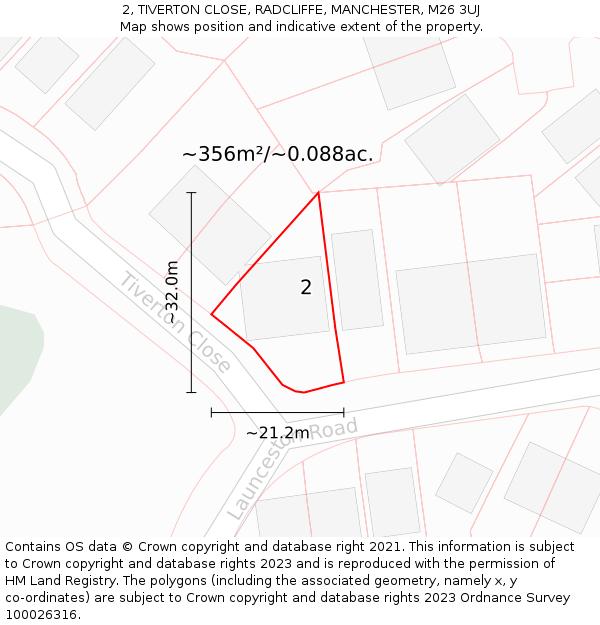 2, TIVERTON CLOSE, RADCLIFFE, MANCHESTER, M26 3UJ: Plot and title map