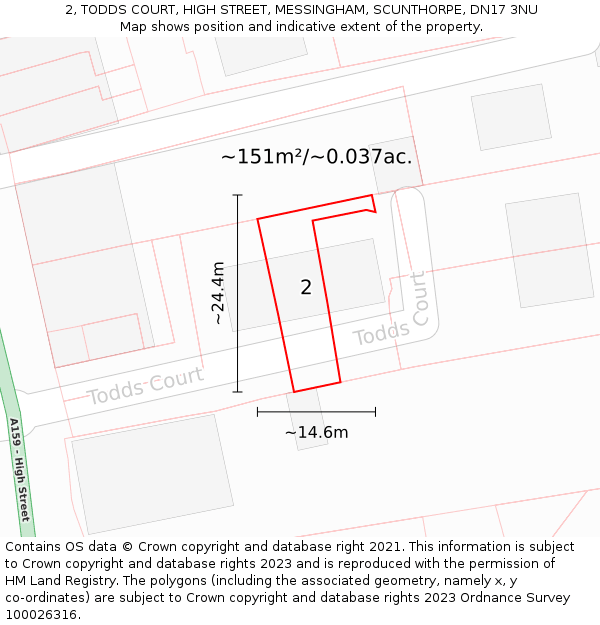 2, TODDS COURT, HIGH STREET, MESSINGHAM, SCUNTHORPE, DN17 3NU: Plot and title map