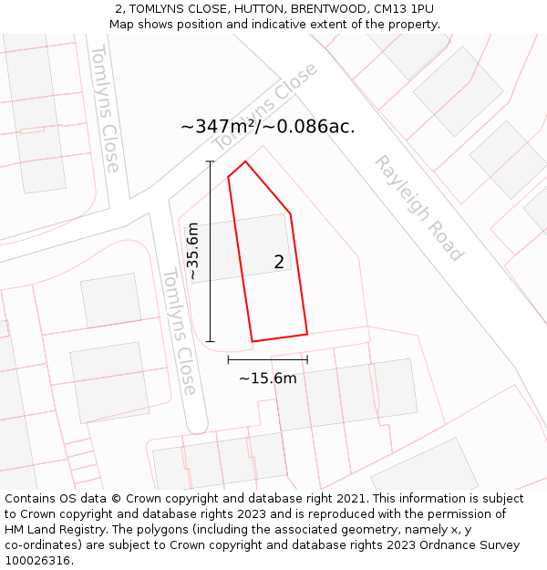 2, TOMLYNS CLOSE, HUTTON, BRENTWOOD, CM13 1PU: Plot and title map
