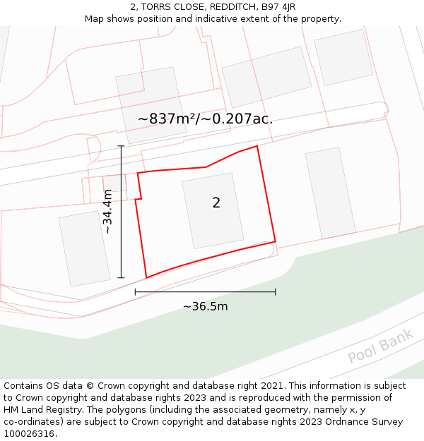 2, TORRS CLOSE, REDDITCH, B97 4JR: Plot and title map