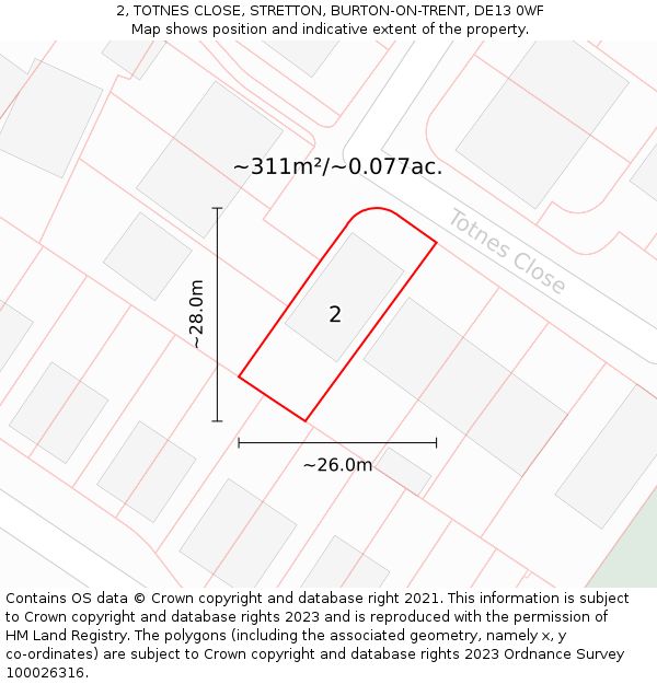 2, TOTNES CLOSE, STRETTON, BURTON-ON-TRENT, DE13 0WF: Plot and title map