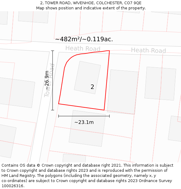 2, TOWER ROAD, WIVENHOE, COLCHESTER, CO7 9QE: Plot and title map