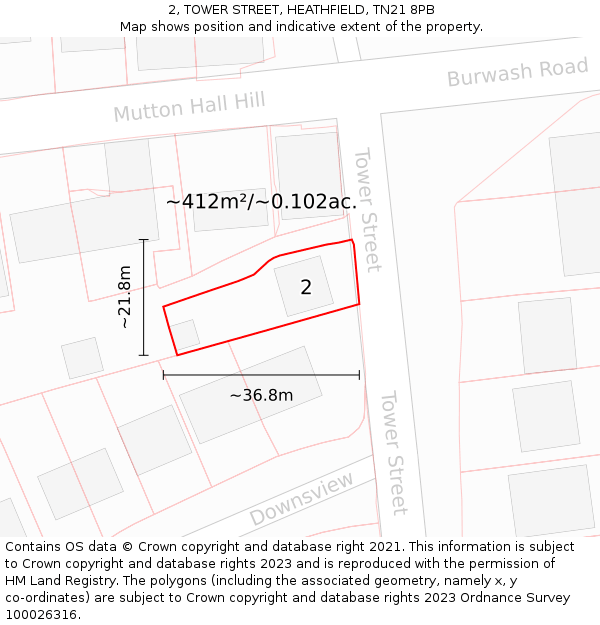2, TOWER STREET, HEATHFIELD, TN21 8PB: Plot and title map
