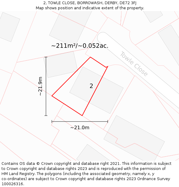 2, TOWLE CLOSE, BORROWASH, DERBY, DE72 3FJ: Plot and title map
