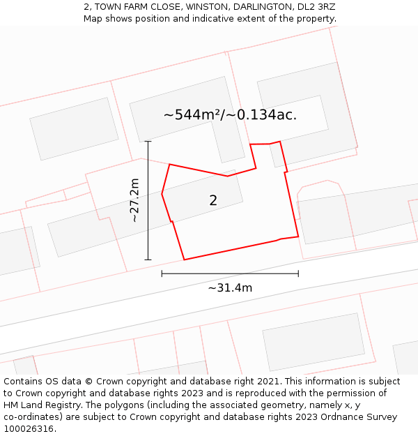 2, TOWN FARM CLOSE, WINSTON, DARLINGTON, DL2 3RZ: Plot and title map