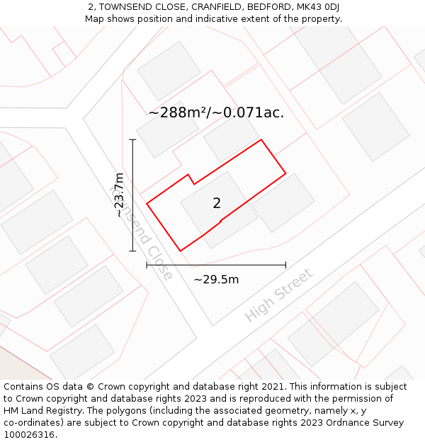 2, TOWNSEND CLOSE, CRANFIELD, BEDFORD, MK43 0DJ: Plot and title map