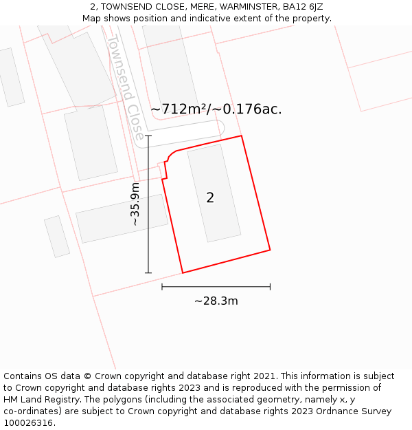 2, TOWNSEND CLOSE, MERE, WARMINSTER, BA12 6JZ: Plot and title map