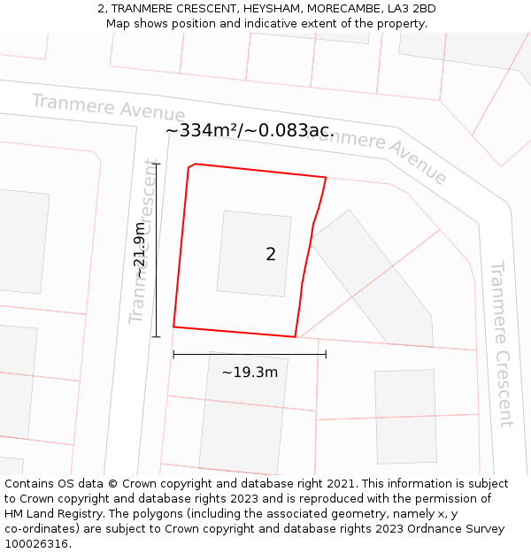 2, TRANMERE CRESCENT, HEYSHAM, MORECAMBE, LA3 2BD: Plot and title map