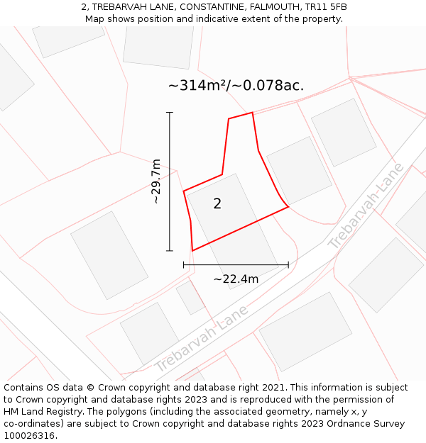 2, TREBARVAH LANE, CONSTANTINE, FALMOUTH, TR11 5FB: Plot and title map