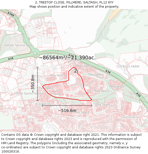 2, TREETOP CLOSE, PILLMERE, SALTASH, PL12 6YY: Plot and title map