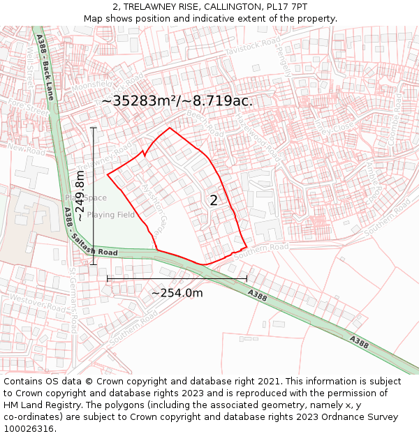 2, TRELAWNEY RISE, CALLINGTON, PL17 7PT: Plot and title map